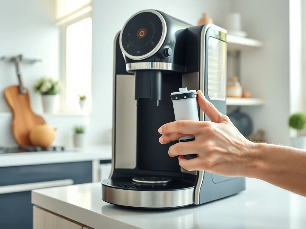Dłonie umieszczają nowy filtr wody w zbiorniku automatycznego ekspresu do kawy Philips LatteGo.