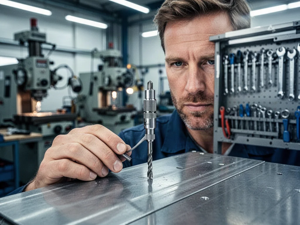 Specjalista w warsztacie dobiera wiertło do metalowej płyty, przygotowując otwór pod gwintowanie.